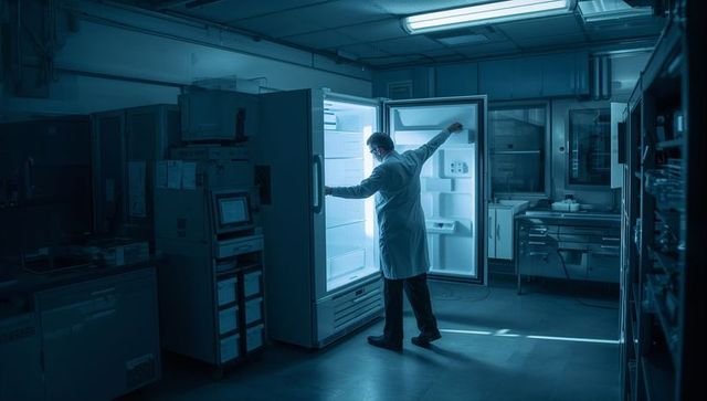 Research technician opening upright freezer in cold clinical lab, sterile equipment monitor