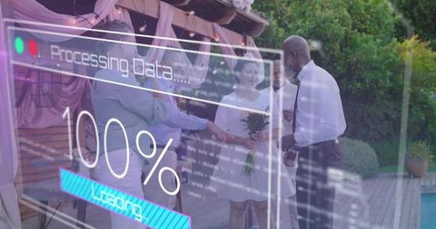 Bride holding bouquet talking with guests on pool deck with holographic data overlay