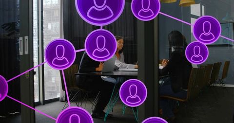 Business team discussing in glass boardroom with purple network overlay