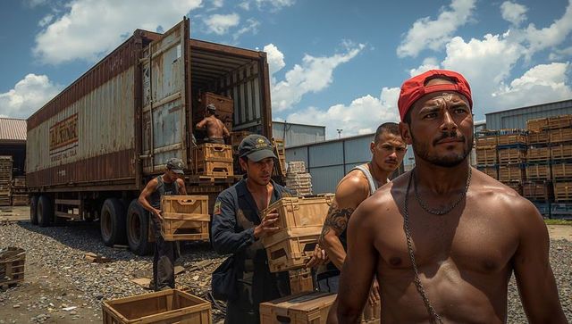 Shirtless worker with red cap unloading wooden crates from container at industrial gravel yard