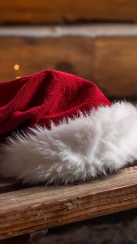Sliding camera revealing red Santa hat on rustic wooden plank with warm cabin lights