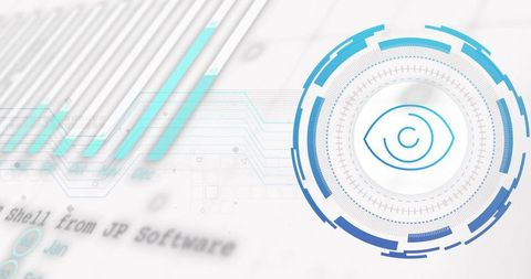 Biometric eye HUD with concentric rings and cyan circuitry for cybersecurity and analytics