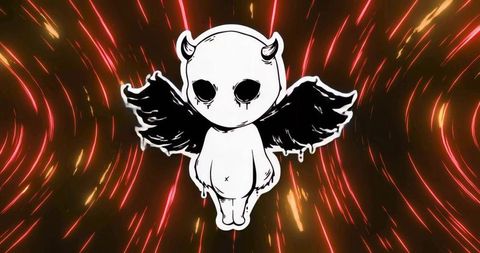 Floating Horned Creature Dripping Black Wings in Neon Vortex