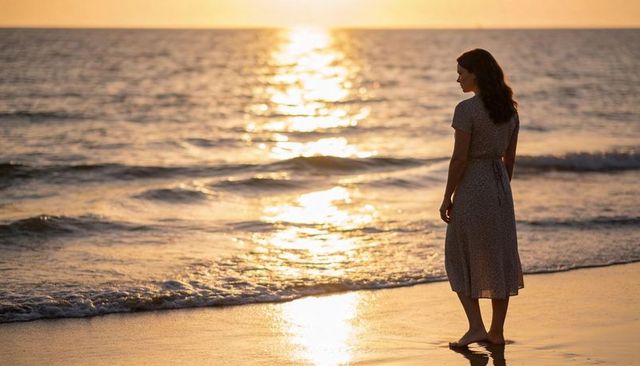 Silhouette woman standing on beach at golden sunset watching sea reflection