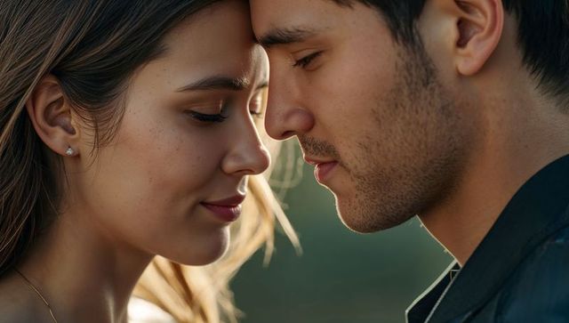 Couple gazing touching noses foreheads close-up romantic golden hour intimacy