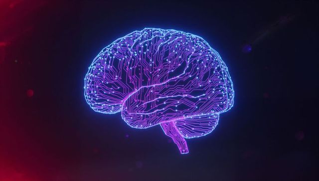 Glowing Digital Brain with Neon Circuitry in Dark Atmosphere