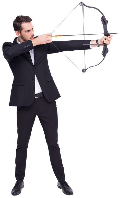 Focused Businessman Shooting Bow and Arrow  in Black Suite Isolated Up Raising Side View Pose Transp - Download Free Stock Videos Pikwizard.com