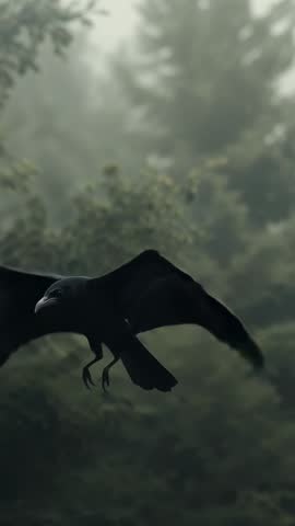 Crow swooping through foggy pine forest vertical wildlife video with talons and wingbeat