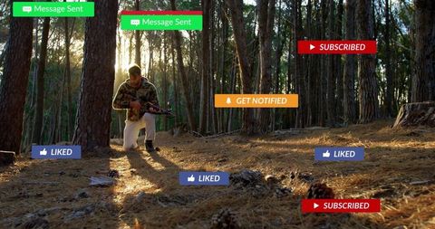 Camouflage solitude: kneeling mid-forest with notifications