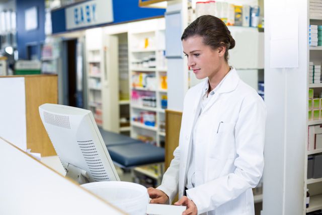 Pharmacist in white coat recording prescription details on computer at pharmacy counter. Shelves filled with medications and healthcare products in background. Ideal for use in articles about healthcare, pharmacy operations, medical professions, and pharmaceutical services.