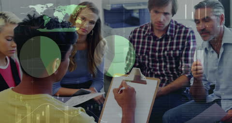 Diverse Team Discussing Financial Data with Global Visualization