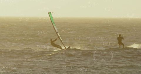 Backlit windsurfing silhouette leaning into green sail at golden hour with math overlays