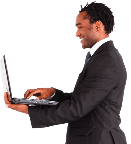 Transparent Smiling Businessman Using Laptop to Work