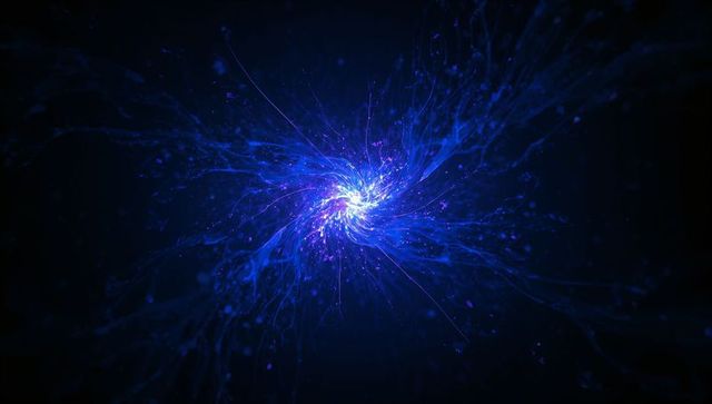 Radiating Electric-Blue Energy Vortex Emitting Glowing Particles and Cosmic Motion Nebula