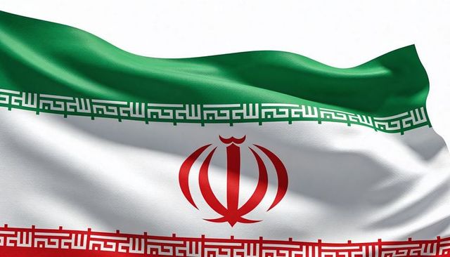 Waving iranian flag featuring central emblem and kufic script on tricolor textile