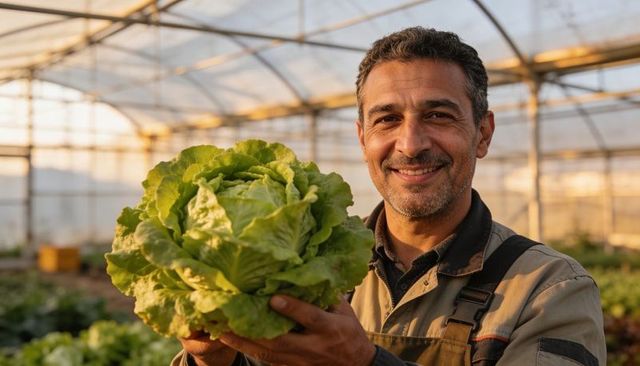 Smiling grower holding large head of fresh lettuce in sunlit greenhouse harvest display