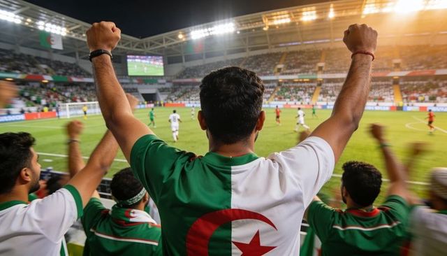 Algerian football fans celebrating under stadium floodlights raising fists and cheering