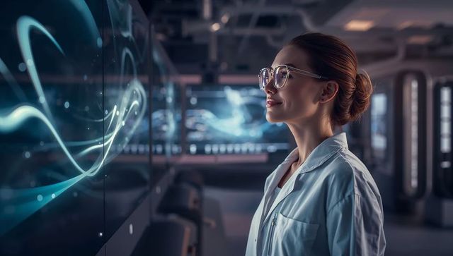 Female scientist studying holographic data on futuristic lab display with smart glasses