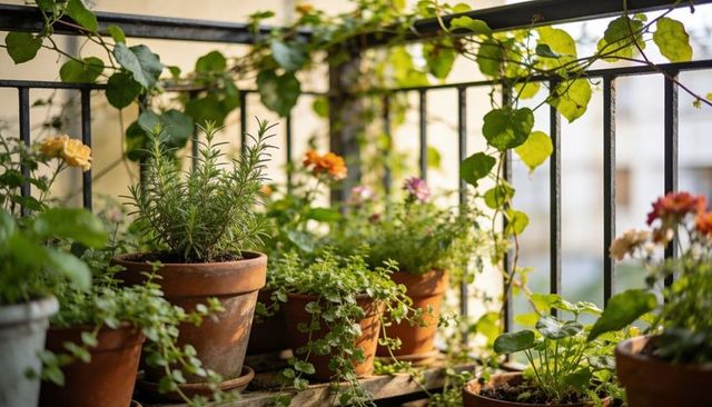 Sunlit balcony herb and flower display with terracotta pots, rosemary and trailing vines