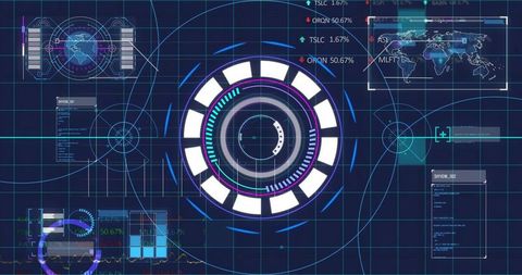 Projecting central holographic HUD rotating dial on cyber dashboard with global analytics overlay