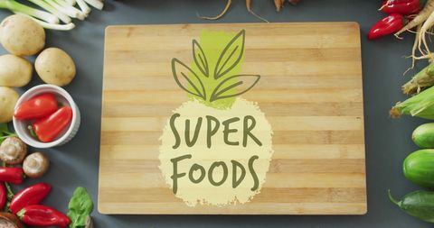 Super Foods Branding Wooden Cutting Board with Fresh Vegetables - Download Free Stock Images Pikwizard.com