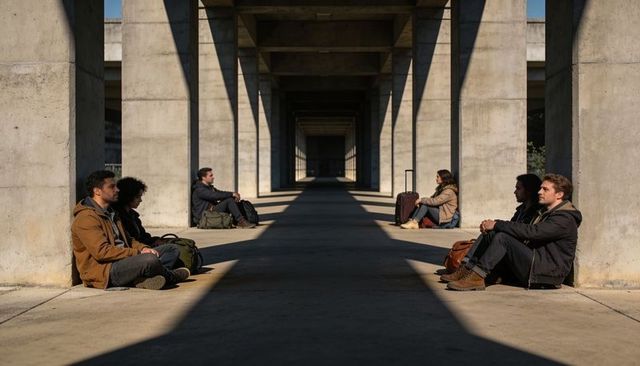 Six travelers sitting in concrete colonnade with dramatic shadows and symmetrical tunnel
