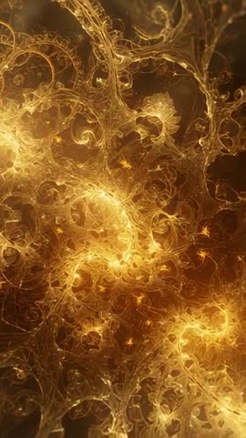 Vertical golden fractal tendrils looping through amber field with drifting sparks