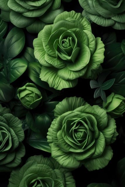 This image captures a close-up view of vibrant green roses surrounded by lush foliage. Perfect for use in gardening magazines, floral arrangement promotions, nature-themed designs, and botanical publications. The detailed texture and rich green color make it ideal for nature enthusiasts or for adding a touch of greenery to various projects.