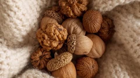 Macro camera tightening on seed pod and acorn cluster on cream blanket, revealing texture