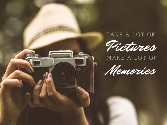 This captivating image of a person holding a vintage camera, complemented by an inspiring quote about pictures and memories, is perfect for content focusing on nostalgia, photography passion, and encouraging creativity. Ideal for use in blogs, social media posts, and marketing materials related to travel, adventure, and capturing life's moments.