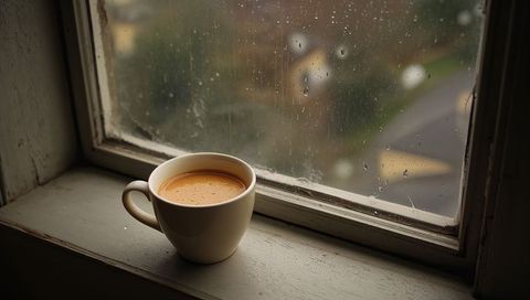 Sitting ceramic mug showing crema on rustic cozy windowsill during rainy overcast morning