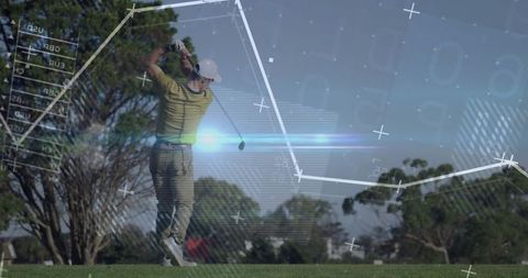 Golfer performing precision follow-through amidst data projections