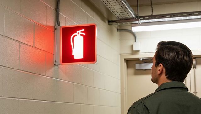 Man standing in service corridor facing illuminated fire extinguisher sign with red glow