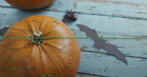 Rustic halloween pumpkin sitting on weathered blue planks with bat cutout and glitch band