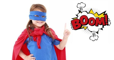 Child Superhero Pretending with Comic Style Boom Text