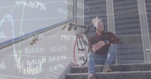Albino man listening music overlays with stock market data