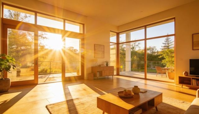Sunrise sunbeams filling minimal midcentury living room with sliding glass doors and warm wood tones