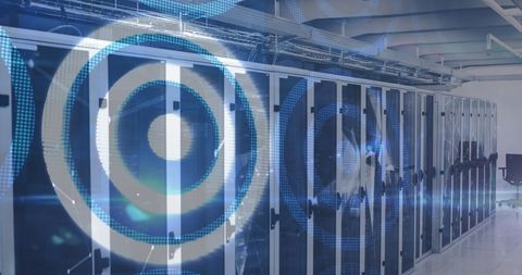 Digital interface with circles overlay in modern server room