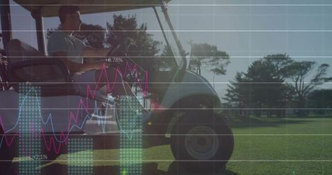 Golfer Driving Cart on Course with Financial Graph Overlay