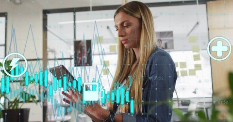 Business Woman using Smartphone with Overlay of Digital Financial Data
