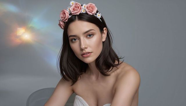 Elegance and serenity: woman in floral crown in minimalist setting
