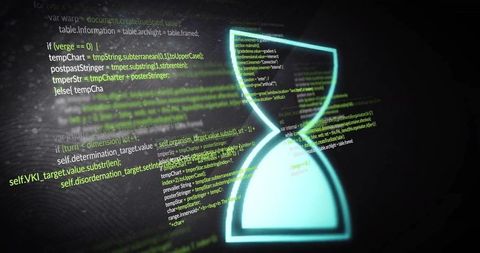 Glowing Cyan Hourglass Hovering Over Scrolling Code Evoking Processing Delay and Cybertime