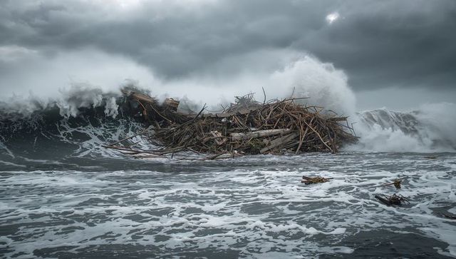 Raging Waves and Driftwood Thunderstorm Aftermath