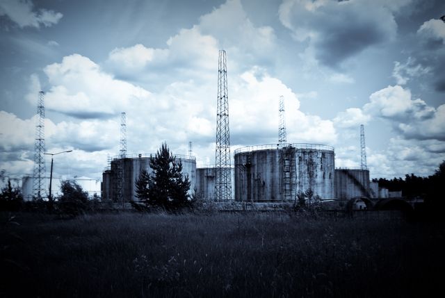 Abandoned industrial facility featuring large storage tanks and tall metal structures under a cloudy sky, surrounded by overgrown grassy area. Outdoor scene suggests a sense of abandonment and decay. This could be used in projects related to industrial history, urban exploration, environmental awareness, or post-apocalyptic themes.