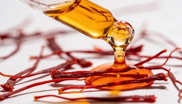 Saffron oil dropper releasing amber extract over stigmas close-up macro viscous glossy