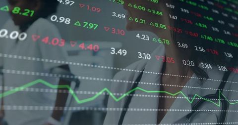 Nurse Wearing Stethoscope Reflecting Stock Market Tickers Over Medical Team in Clinic