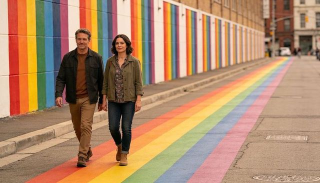 Couple walking on rainbow street with vibrant mural in city neighborhood