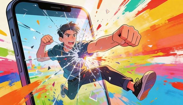 Teen punching through cracked phone screen bursting colorful explosion action illustration