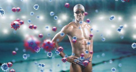 Male Swimmer with COVID-19 Cells Overlay in Pool Environment