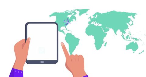 Hands Using Tablet with World Map and Airplane Icon